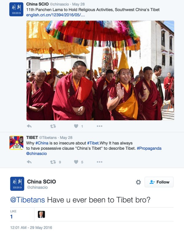 外媒称国新办与“藏独”推特互动：哥们，去过西藏吗