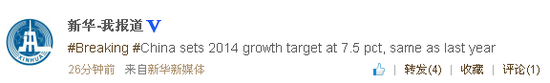 中国将2014年GDP增速目标设定为7.5%左右