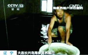 养殖户正在撒药。据央视视频截图